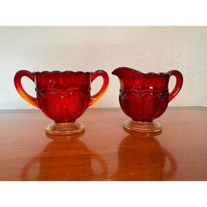 Vintage Amberina Glass Cream and Sugar Set Red Amber Scalloped Diamond Pattern